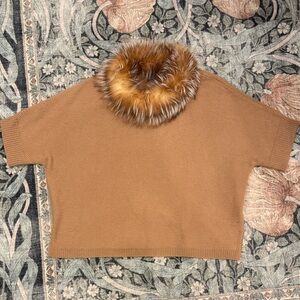 Alashan Women's Tan Sweater with Fox Fur Collar